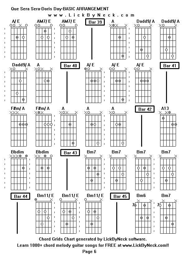 Chord Grids Chart of chord melody fingerstyle guitar song-Que Sera Sera-Doris Day-BASIC ARRANGEMENT,generated by LickByNeck software.